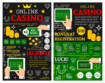 Online casino or poker cards gamble game posters for jackpot gambling. Vector brochure thin line art design of online casino poker dice, playing cards and win money golden coins for internet gambling