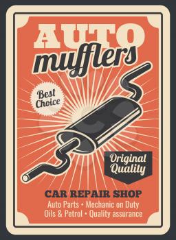Car spare parts store for auto mufflers retro poster for automobile repair shop or service center. Vector vintage design of exhaust pipe for car diagnostics, spare parts or garage station