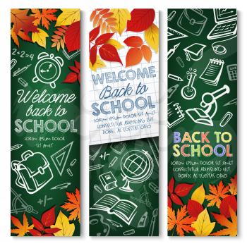 Back to School autumn education season banners of green chalkboard background. Vector mathematics ruler, school bag or geography globe and chemistry microscope or literature book and paint brush
