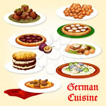 German cuisine dinner icon with meat dish and dessert. Potato sausage casserole, fish soup with dumpling and pork stew with beer, schnitzel topped with egg, plum and apple fruit pie and almond cookie