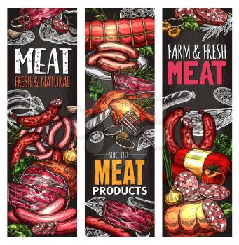 Meat product blackboard banner with fresh meat and sausage chalk sketch. Beef and pork steak, salami and bacon, frankfurter, chicken leg and grill sausage with spices and herbs for butcher shop design