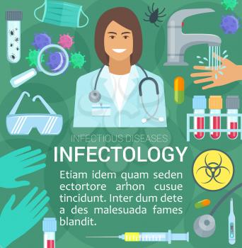 Infectious medicine poster with infectious disease specialist. Protection, prevention, control, diagnosis and treatment of infections banner with bacteria, virus cell and glove, mask and vaccine sign
