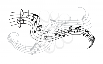 Musical note and treble clef on swirling stave icon. Musical notation symbol of classic music composition or song melody with shadow for music themes design