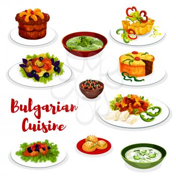 Bulgarian cuisine healthy food icon with vegetable and meat dish. Vegetable salad, fried pepper with cheese and bean beef stew, cucumber yogurt soup tarator, spinach soup, fruit cupcake and pie