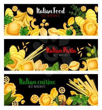 Pasta with herbs banner set of Italian cuisine traditional food. Pasta spaghetti, macaroni and penne, cannelloni, ravioli and noodle, rigatoni, gnocchi, lasagna and orzo with fresh basil and olives
