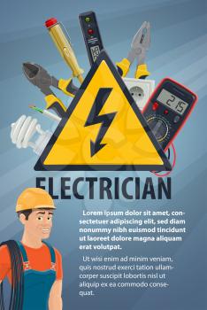 Electrician with electrical equipment and work tool banner. Electrician or lineman in hard hat with wire, screwdriver and light bulb, pliers socket and warning sign, multimeter and voltage tester