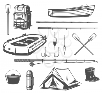 Fishing sport equipment sketch set of fisherman tackle and tool. Fishing rod, hook and bait, boat, spinning and tourist backpack, paddle, boots and tent icon for outdoor leisure design