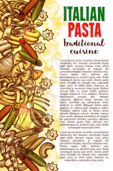 Pasta sketch banner with Italian macaroni border of different shapes. Spaghetti, penne and farfalle, fusilli, noodle and lasagna, gnocchi, ravioli and conchiglie, rigatoni and stelline for food design
