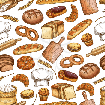 Bread and pastry food seamless pattern with fresh loaf and bun sketch. Wheat bread, croissant and baguette, cake, toast and cupcake, cookie, chocolate roll and bagel, flour bag and baker hat