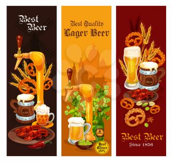Beer banner set of alcohol drink for pub and bar menu template. Beer bottle, glass and tankard of lager and ale beverage, decorated with hop, barley and pretzel, seafood and nut for brewery design