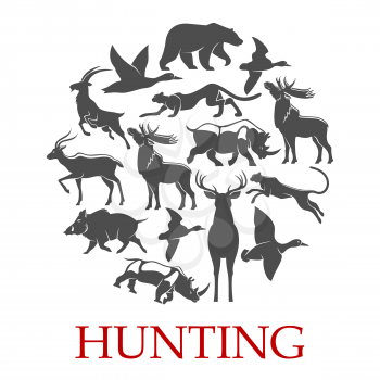 Hunting sport poster with wild forest and african safari animal. Duck, deer and bear, reindeer, rhino and jaguar, leopard, antelope and elk, boar, goat and moose round badge for hunter club design