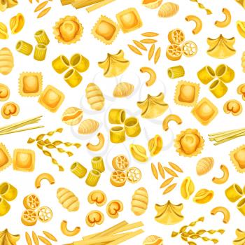 Italian pasta seamless pattern background with mediterranean food. Italian macaroni, spaghetti and rigatoni, penne, fusilli and fettucini, ravioli, gnocchi and conchiglie, rotelle, orzo and noodle