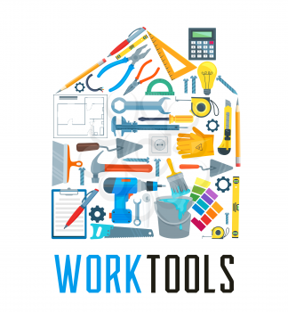 House silhouette with repair work tool icon. Hammer, screwdriver and spanner, pliers, drill and wrench, paint, brush and saw, tape measure, trowel and socket, spatula, ruler and saw in shape of home
