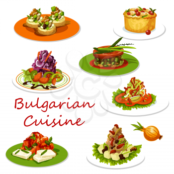 Bulgarian cuisine icon of healthy lunch food. Baked pepper with cheese, zucchini and cheese on toast, cabbage salad, fruit pie and bean stew with beef, mashed potato and liver pate with vegetables