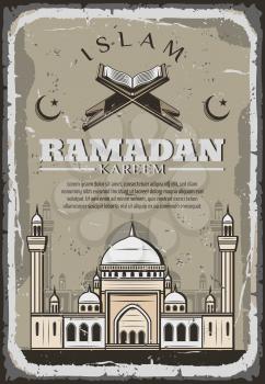 Ramadan Kareem islam religion holiday vintage greeting card. Muslim mosque retro grunge banner with crescent moon, star and Quran for arabic holy month celebration or Eid Mubarak festive poster design
