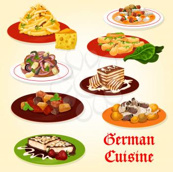 German cuisine icon of bavarian food dinner with dessert. Potato sausage soup, beef pepper stew and pork ribs with cabbage stew, fruit cheese salad, potato dumplings, cheesecake and biscuit cake