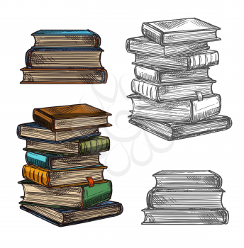 Book stack sketch for education, literature or school library themes design. Pile of book or textbook with colorful cover and bookmark icon for bookstore label or knowledge and wisdom concept
