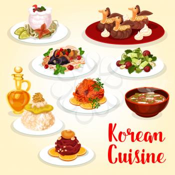 Korean cuisine asian food icon with meat and fish dish. Fresh beef and salted trout, served with rice, cucumber salad and pork kimchi soup, baked carp with vegetable, beef stew in radish pot and cake