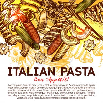 Italian pasta menu cover with traditional food of Italy. Spaghetti, macaroni and penne pasta shape, fusilli, rigatoni and lasagna, gnocchi, ravioli, fettucine, stelline and conchiglie sketch banner