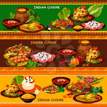Indian cuisine restaurant banner set with ethnic asian menu. Vegetable, chicken meat and fish salad, vegetarian rice pilaf and grilled chicken, baked fish with spicy sauce and carrot dessert with nuts