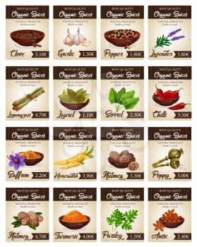 Hot spices price cards templates. Vector clove and garlic, pepper and lavender, lemongrass and laurel, sorrel and chilli, saffron and horseradish, nutmeg and poppy, turmeric and parsley, anise