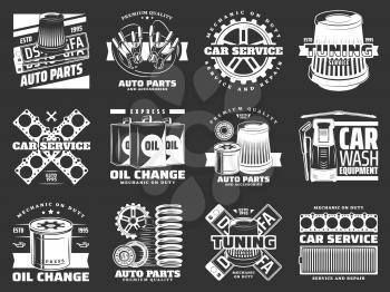 Car repairing service and auto parts signs. Tuning and oil change, vehicle wash monochrome retro icons. Transport restoration and repairing tools and equipment, mechanic on duty vector isolated