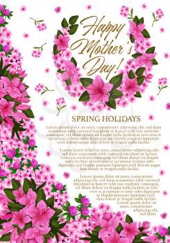 Mother Day greeting banner with spring flower decoration. Springtime holiday festive card, adorned by floral wreath of clover, phlox and azalea flower, green leaf branch and blooming garden plant