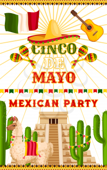 Cinco de Mayo party invitation card or poster for Mexican traditional holiday fiesta celebration. Vector sombrero and Mexico flag on Aztec or Maya pyramid, cactus and lama for Cinco de Mayo design