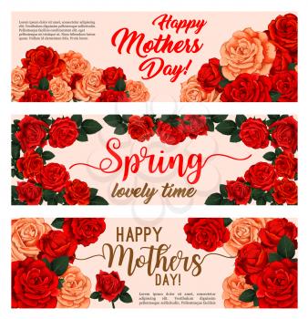 Spring holiday floral banner with Mother Day flower bouquet. Pink and red rose plant frame of blooming flower and green leaf greeting card for Springtime season festive design