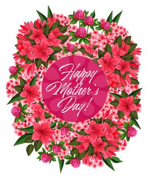 Mother Day pink flower frame for spring holiday greeting card. Floral wreath of clover, phlox and azalea flower branch with green leaf festive poster for Springtime holiday design