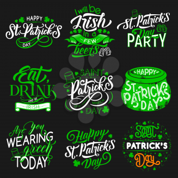St Patrick Day party icons for Irish traditional holiday. Vector isolated symbols of green shamrock clover leaf, leprechaun hat and pot or beer pints for Patrick Day celebration greeting card design