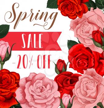 Spring sale discount shopping poster for springtime store discount promotion. Vector design of red and pink roses flowers bunch with blooming flowers blossoms for seasonal shop sale
