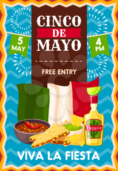 Invitation poster for Cinco de Mayo party. Vector posrter holiday elements and flag of Mexico. Mexican Cinco de Mayo poster with tequila and lime. Traditional mexican food nachos, chili and quesadilla