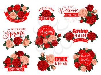 Mothers Day holiday and springtime flowers and ribbons icons for seasonal greeting card design. Vector isolated set of red and pink roses bunches for spring time season or Happy Mother Day