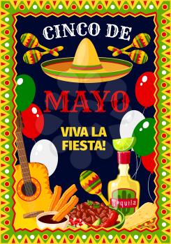 Cinco de Mayo Mexican holiday fiesta celebration greeting card of traditional fiesta symbols jalapeno pepper, tequila and sombrero. Vector design of Mexican flag balloons, guitar and food or pastry