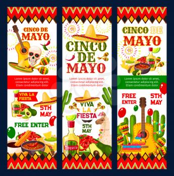 Cinco de Mayo mexican fiesta party invitation banner for Puebla Battle anniversary. Sombrero, pepper and maracas, skull, tequila and guitar, festive food, cactus and pinata flyer with mexican ornament