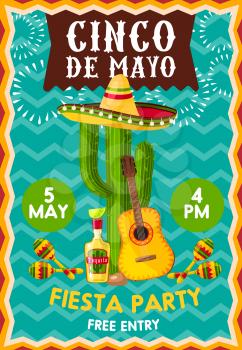 Chico de Mayo holiday celebration poster at bar or restaurant. Vector banner with symbolic Mexican elements sombrero hat on cactus, guitar, tequila and lime and maracas