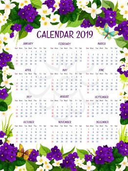 2019 calendar of blue crocuses and violets spring flowers. Vector floral design of blooming garden flourish springtime or summertime crocus blossoms for flowery 2019 monthly calendar