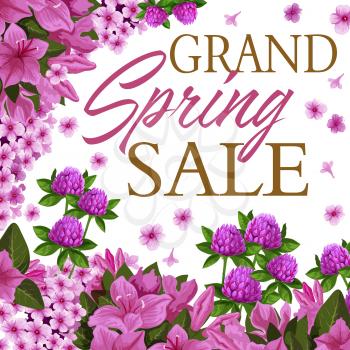 Spring seasonal sale floral banner for discount price promotion template. Pink flower of clover, phlox and azalea, blooming garden plant and green leaf poster for Springtime sale offer design
