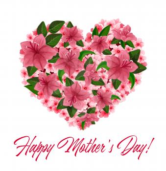 Happy Mother s Day greeting card with pink lilies. Vector bouquet with spring pink flowers in shape of heart. Postcard with blooming flowers on white background. E-card with pink lily for Moms
