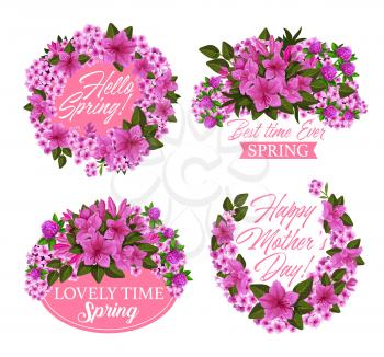 Spring flower wreath icon for Mother Day and Springtime holiday greeting card. Pink blossom of clover, azalea and phlox, blooming plant green leaf and branch with ribbon banner and greeting wishes