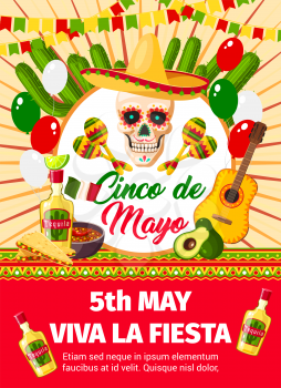 Cinco de Mayo fiesta celebration or party invitation card of skull in sombrero and guitar. Vector design of Mexican jalapeno pepper, cactus or balloons flag and Cinco de Mayo holiday symbols