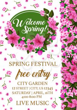 Spring holiday poster with floral frame for Springtime festival invitation template. Pink flower of clover, phlox and azalea blossom with green leaf and branch flyer, edged by blooming garden plant