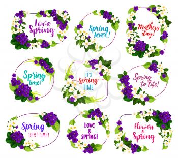 Flower frame icon with spring floral blossom. White and purple blooming flower of violet and jasmine, green leaf and branch isolated symbol for Springtime holiday and Mother Day greeting card design
