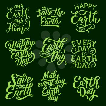 Earth Day symbol set for ecology and environment protection concept. Save the Earth hand lettering with green leaf and ribbon banner for eco holiday poster and greeting card design