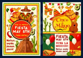 Cinco de Mayo greeting card or poster for Mexican holiday celebration. Vector design of Mexico flag, sombrero or poncho and maracas, jalapeno pepper, guitar and balloons for Cinco De Mayo fiesta