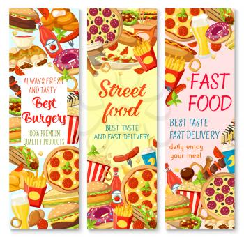 Fast food restaurant banner with burger sandwich and street food snack. Hamburger, hot dog and pizza, fries, donut, coffee and soda drink, grilled sausage, chicken, ice cream and donut for menu design