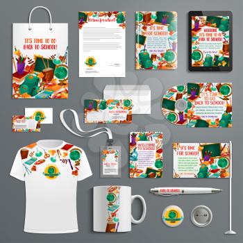 Back to School branded stationery or education promo apparel supplies design template or advertising branding. Vector isolated set of t-shirt, badge and flag or mug, business card and pen or paper bag