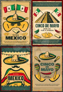Cinco de Mayo retro poster set for mexican holiday fiesta party invitation. Sombrero, maracas and guitar, chili pepper, jalapeno and Mexico flag, festive food, ancient aztec pyramid and bunting