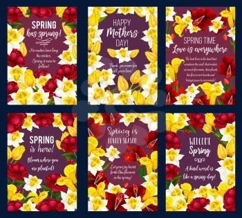 Spring Season Holiday greeting banner set with flower frame. Floral card with festive bouquet of daffodil, rose and tulip, peony and freesia flower for Mother Day Holiday celebration template
